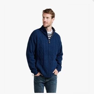 Aran Woollen Mills Irish Cable Knit Wool Sweater Fleece Lined Zip Navy Mens L